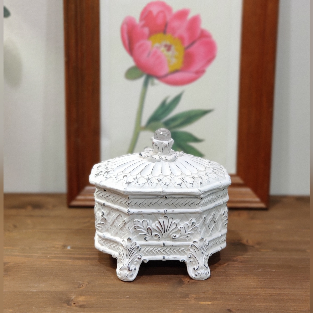 Handpainted White Ornate Footed Box & Lid